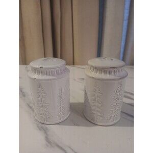 White Ceramic Salt & Pepper Shakers Frosty Winter Forest White Trees Christmas